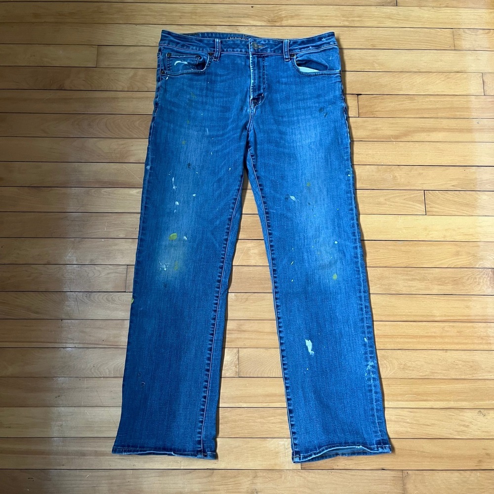 American Eagle Original Boot Extreme Flex Paint Splatter Jeans Mens 36x32 Blue